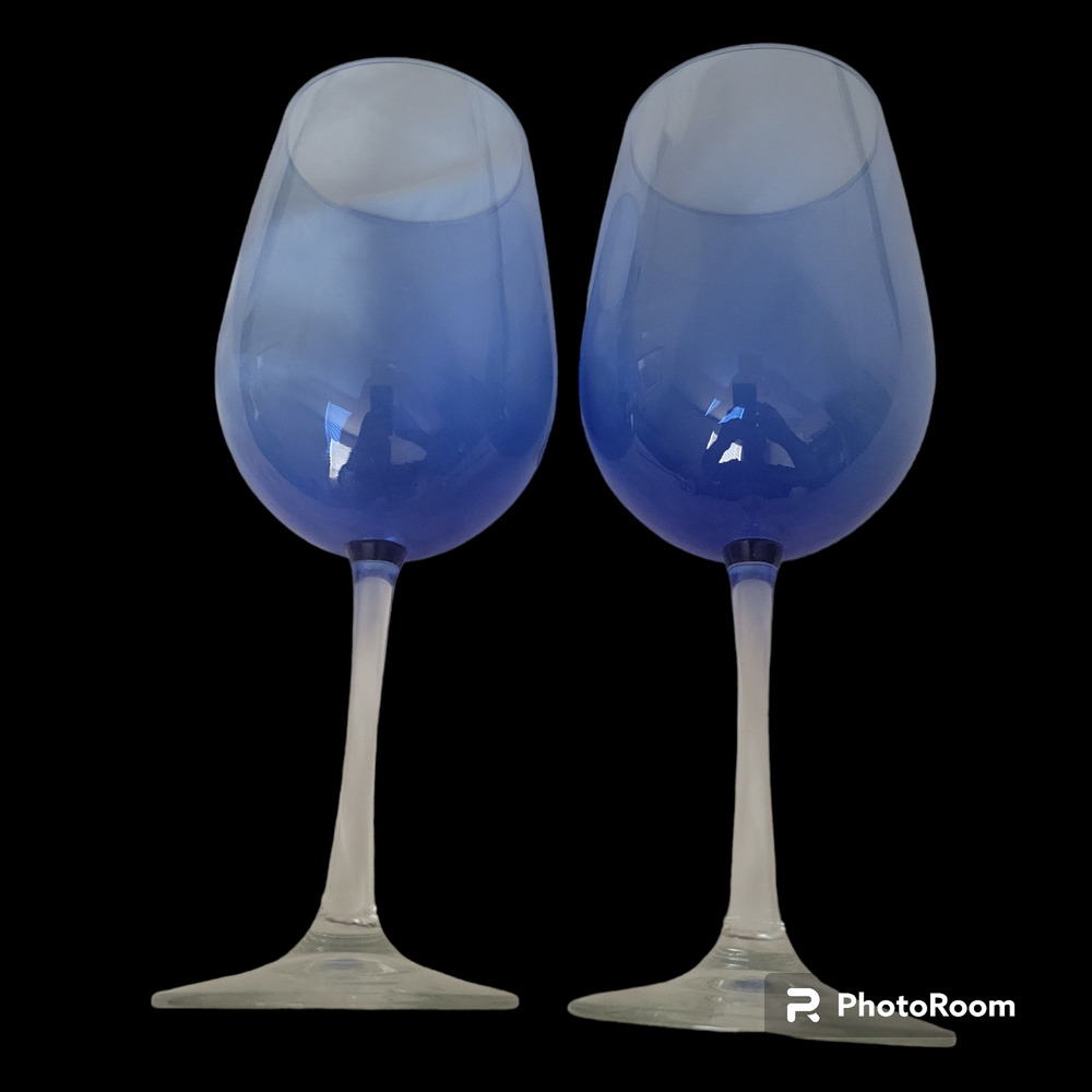 Set of Two Wine or Water Glasses Hand Blown 9 inches Tall Blue Tint